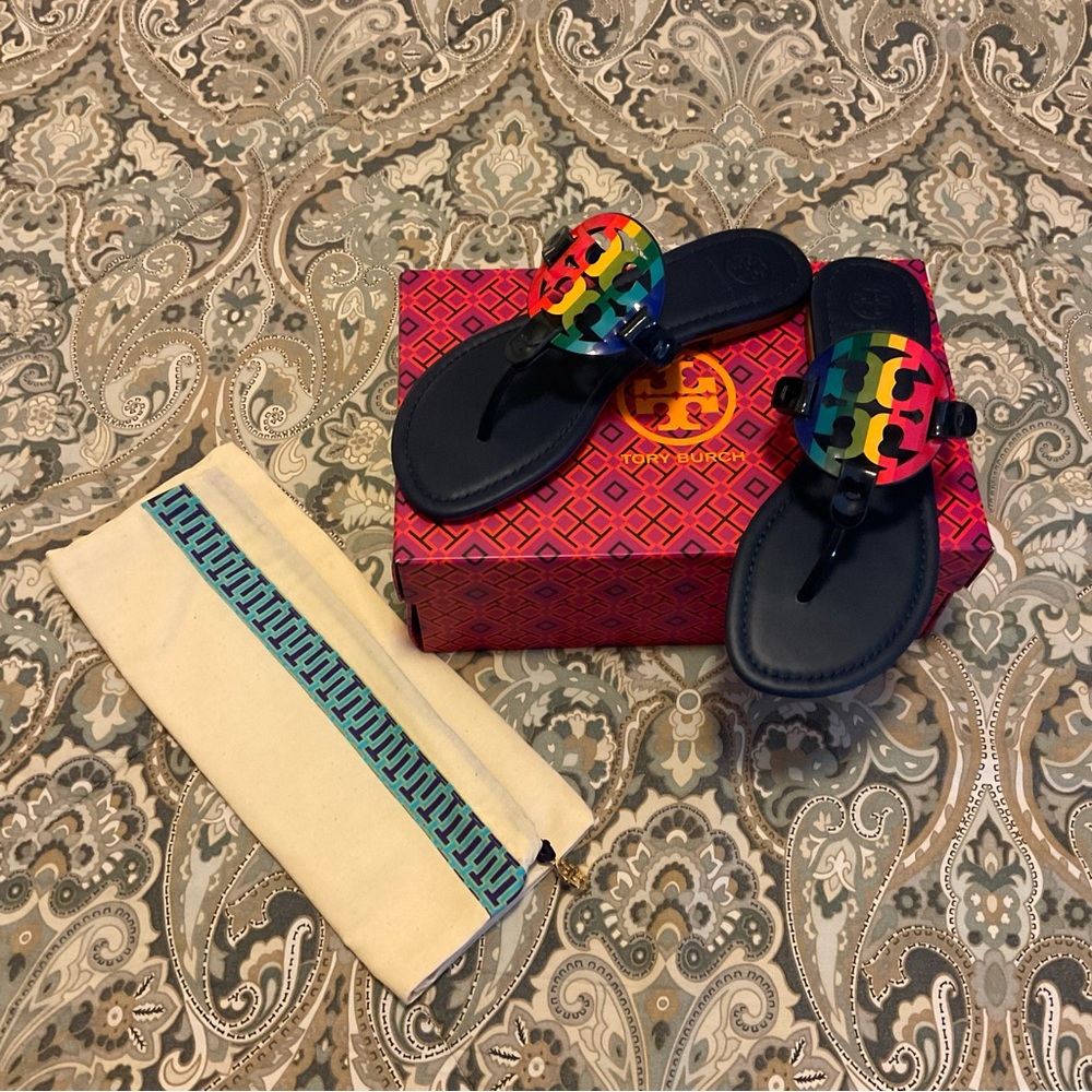 NIB Tory Burch Miller Rainbow Patent Leather Sandals Womens Sz 7 RARE